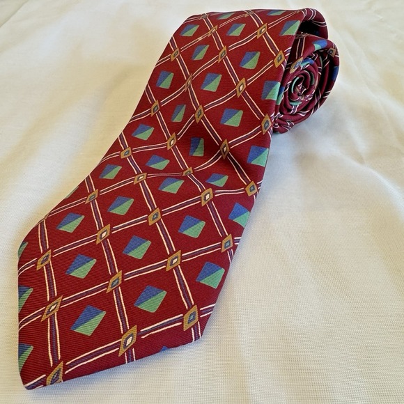 Lands' End Other - Lands End Silk Necktie Red Green Blue Geometric Diamond Print Tie Long 62" USA